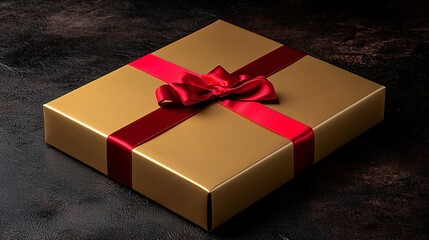 A golden gift box, elegantly tied with a rich crimson ribbon, awaits its unveiling, promising joy and anticipation on a dark, textured surface.