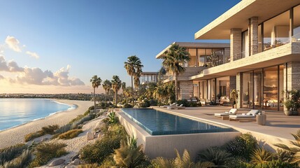Fototapeta premium Coastal Villa Overlooking Ocean Luxury Home near Beach at Sunset