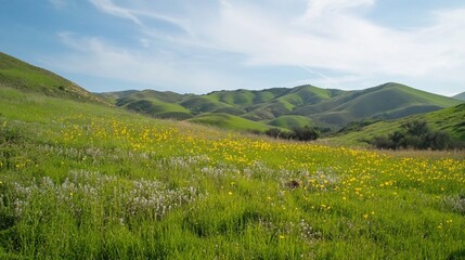 Fototapeta premium Rolling Hills Covered in Spring Wildflowers Under a Serene Sky Vista