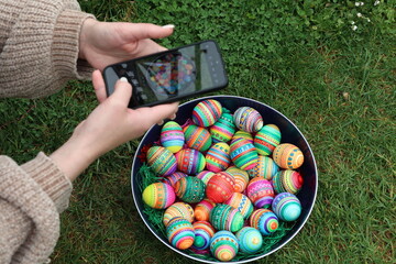 Dyed Easter eggs painted by children