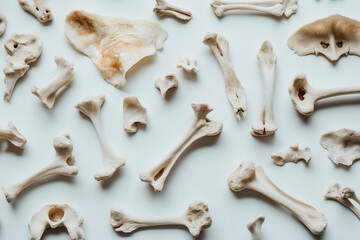 Animal bones arranged on a light background for scientific study  