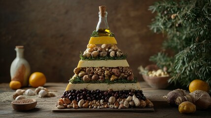 A festive cheese and nut pyramid, a delicious Christmas tree crafted with layers of savory goodness, bathed in warm, inviting light.