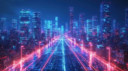 Fototapeta premium A futuristic blue-hued urban landscape with an illuminated glowing road leading to a neon-lit city skyline featuring towering skyscrapers, holographic digital effects.