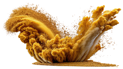 Golden Dust Explosion: A powerful and dramatic burst of golden dust erupts in a vibrant, artistic explosion, creating an ethereal cloud against a stark, minimal backdrop. The swirling.