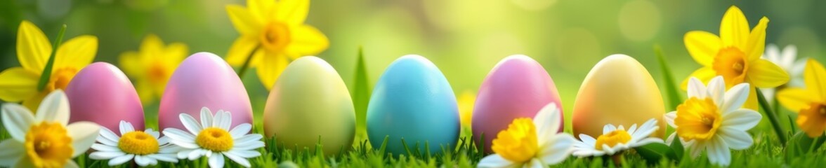 Fototapeta premium Close-up of pastel-colored easter eggs with fresh daisies and daffodils in a sunlit garden, pastel, colored