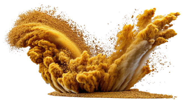 Golden Dust Explosion: A powerful and dramatic burst of golden dust erupts in a vibrant, artistic explosion, creating an ethereal cloud against a stark, minimal backdrop. The swirling.