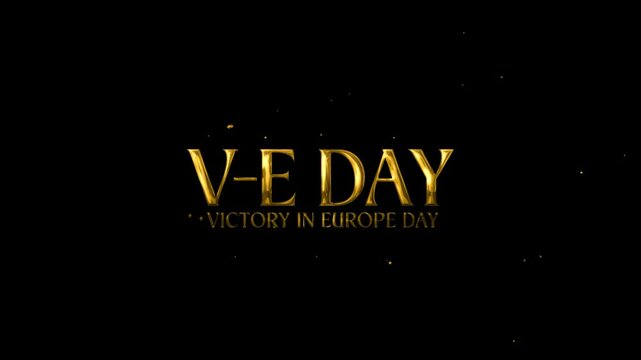 V-E Day lettering text animation with elegant sparkling gold on transparent background