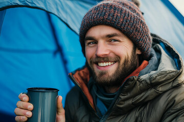 Man enjoying warm drink inside tent during autumn camping adventure in nature, generative ai