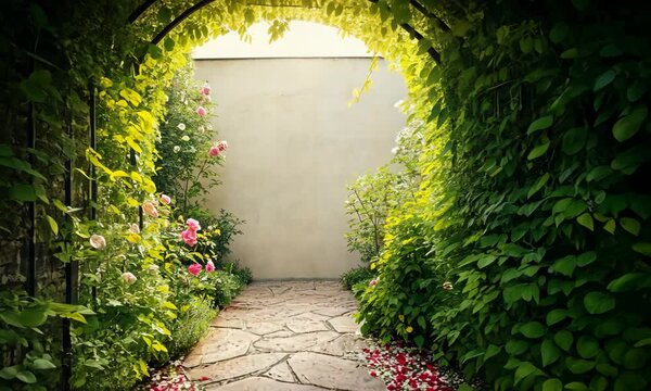 Beautiful garden archway with roses in bloom
