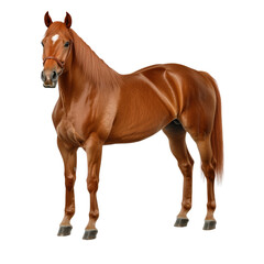 Obraz premium Full Body Portrait of a Healthy Brown Horse Standing on a White Background Showing Its Muscular Body, Erect Ears, and Calm Expression with Detailed Fur Texture