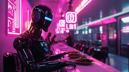 Fototapeta premium Cyberpunk Robot Server Futuristic Restaurant Neon Lights Scene Digital Art Modern Technology AI Artificial Intelligence Advanced Robotics Stylish 