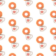 Kawaii Breakfast Love Pattern with Mug and Donut