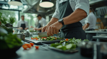 Close-up of a chef using a mandolin slicer to cut vegetables for a signature dish. The kitchen in the background is a whirlwind of action, with other team members focused on meal p
