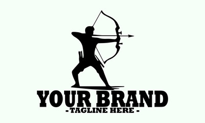 skilled archer drawing a bow and aiming an arrow towards a circular target. Silhouette archery athlete bow aiming, archer silhouette vector with white background and logo archery