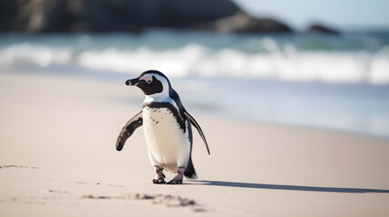 Fototapeta premium A lone penguin walking on a sandy beach with waves in the background.