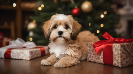 A small, brown and white dog with a red bow sitting in front of a Christmas tree with ornaments and lights.