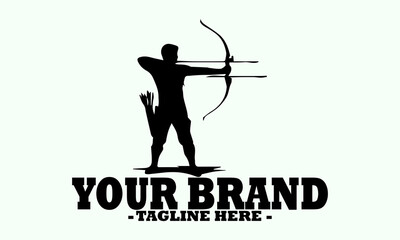 skilled archer drawing a bow and aiming an arrow towards a circular target. Silhouette archery athlete bow aiming, archer silhouette vector with white background and logo archery