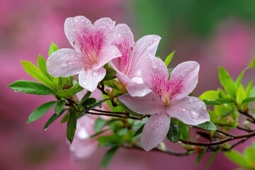 Obraz premium Pink azalea flowers on branch, blossoming, in a garden, background, for decor