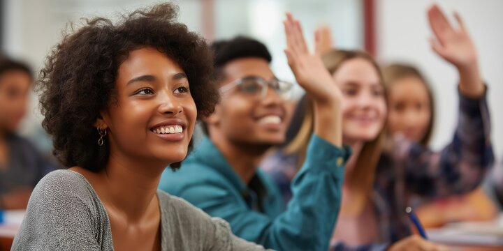 A cheerful student raises her hand in class, eager to participate in a thoughtful discussion, showcasing an engaging learning environment fostered by attentive educators.