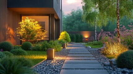 Fototapeta premium Modern home exterior walkway at dusk, illuminated landscaping