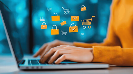 Hands typing fast as floating icons of email marketing, app alerts, website banners, and push notifications showcase a complete omni-channel approach to retail marketing.
