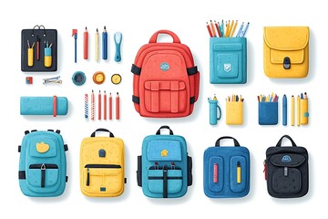 Cute School Supplies Arrangement With Backpacks And Stationery Isolated On White Background