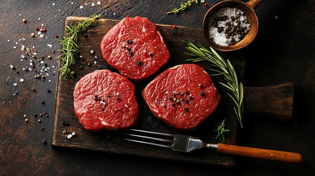 Three raw beef steaks arranged on a wooden cutting board.