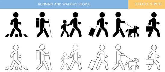 Running and walking people icons, people symbol, stand, walk, run, travel, crosswalk, with dog, child icon set, stroke, customizable