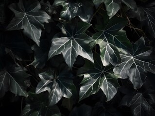 Dark ivy leaves with white veins, deep shadows, high detail, moody botanical photography, nature texture