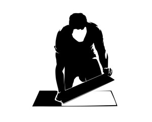 Tiling, laying flooring. floorman lays tiles, isolated vector silhouette, front view. Handyman