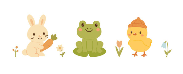 Spring cute collection of baby animals. Perfect for poster, card, scrapbooking , tag, invitation, sticker kit. Hand drawn vector illustration.