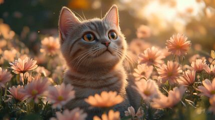 Cat sitting among blooming flowers at sunset, enjoying a peaceful moment in nature's beauty