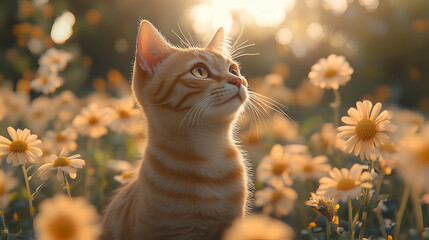 Curious orange kitten exploring a field of daisies during sunset in a tranquil outdoor setting