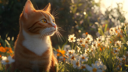 Orange cat enjoys a sunny day in a field of daisies, observing its surroundings with curious eyes