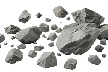 Naklejka premium Pile of grey rocks and stones, isolated on white background.
