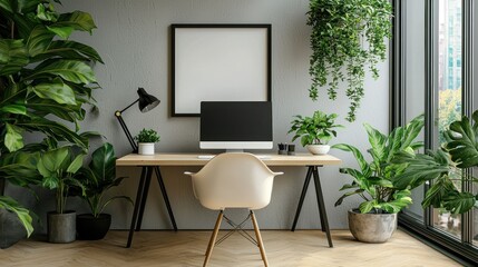 Modern workspace with plants, empty frame, and city view