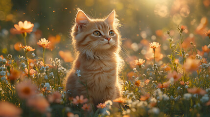 Cute orange kitten sits among blooming flowers during golden hour in a serene garden setting capturing a moment of tranquility