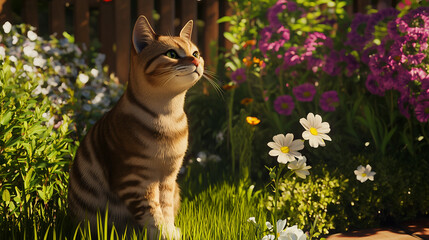 Sunlight bathes a curious cat sitting amidst blooming flowers in a vibrant garden