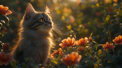 Curious cat exploring a flower garden during golden hour
