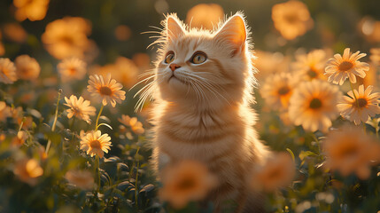 Golden kitten exploring a field of bright yellow flowers during a sunny afternoon in springtime
