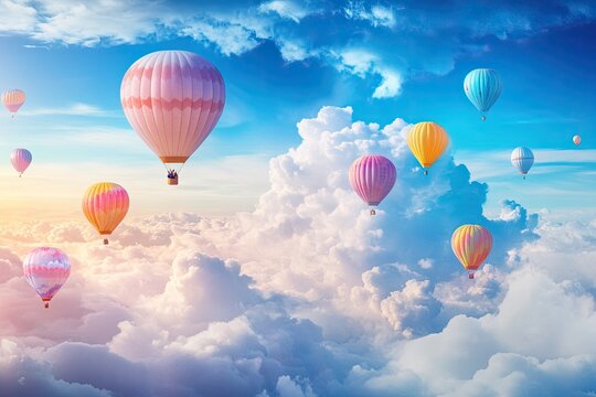 Colorful hot air balloons float among clouds - Powered by Adobe