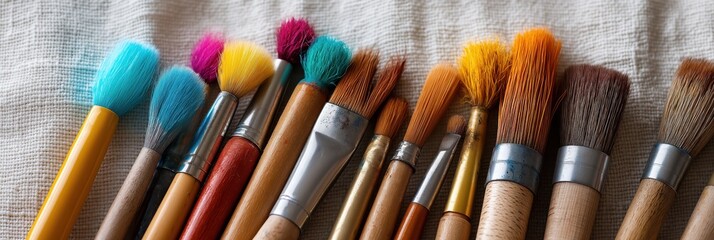 A vibrant collection of various paint brushes arranged artistically on a textured white fabric background, showcasing an artist&rsquo;s essential tools for creative expression and inspiration.