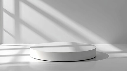 Empty white pedestal in a sunlit minimalist setting.