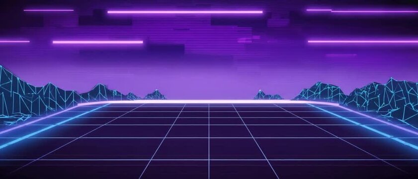 A glowing neon grid stretches toward endless wireframe mountains under pulsating purple lights. Concept of retro futurism and limitless digital innovation.