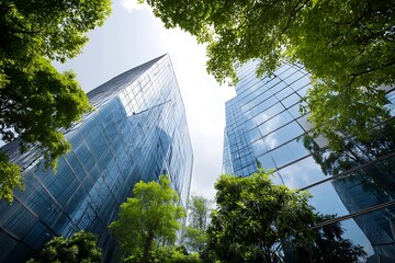 Glass towers and greenery highlighting eco-conscious wealth management imagery  
