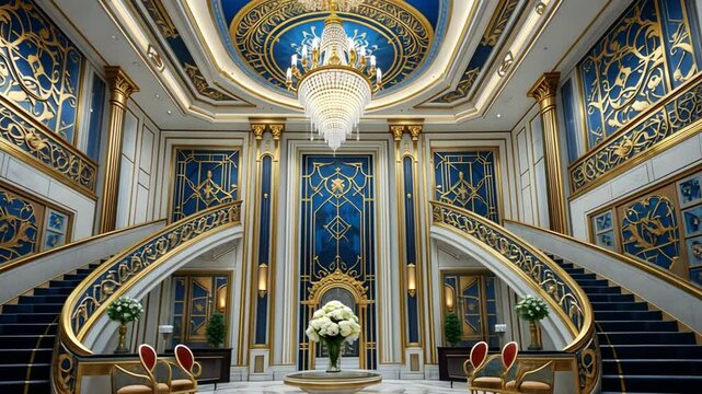 Luxury interior design grand staircase chandelier gold accents royal blue and white color scheme