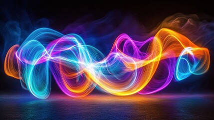 Abstract light trails creating dynamic waves against dark backdrop