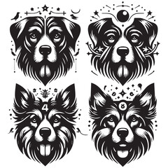 create 4 dog head silhouette vector on white background 