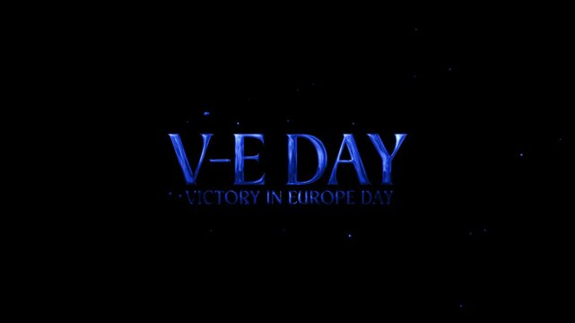 V-E Day text animation with elegant sparkling blue on transparent background
