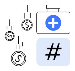 Fototapeta premium Coins with dollar sign falling, blue medical kit with cross, and metadata tag symbol. Ideal for finance, healthcare, crowdfunding, medical expenses, charity, social media and simple landing page